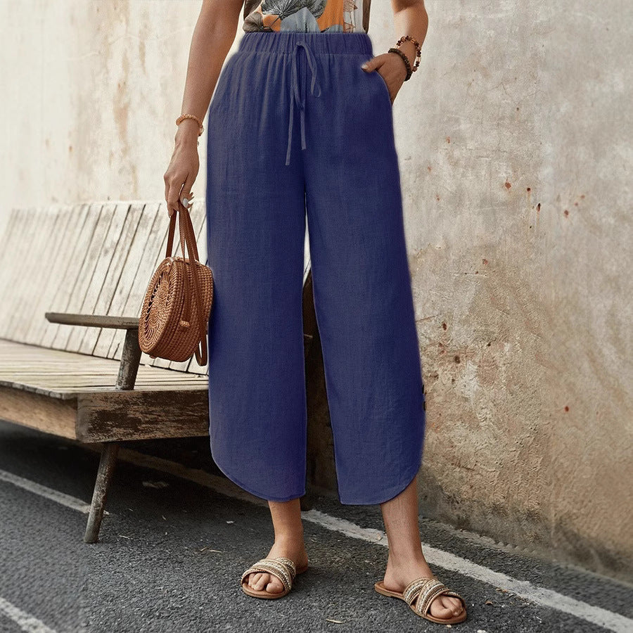 Cotton And Linen Drawstring Cropped Loose Pockets Casual Pants FitiqueFit