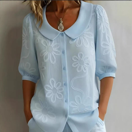 Loose-fit Retro Buttoned 3D Embroidered Floral Shirt 