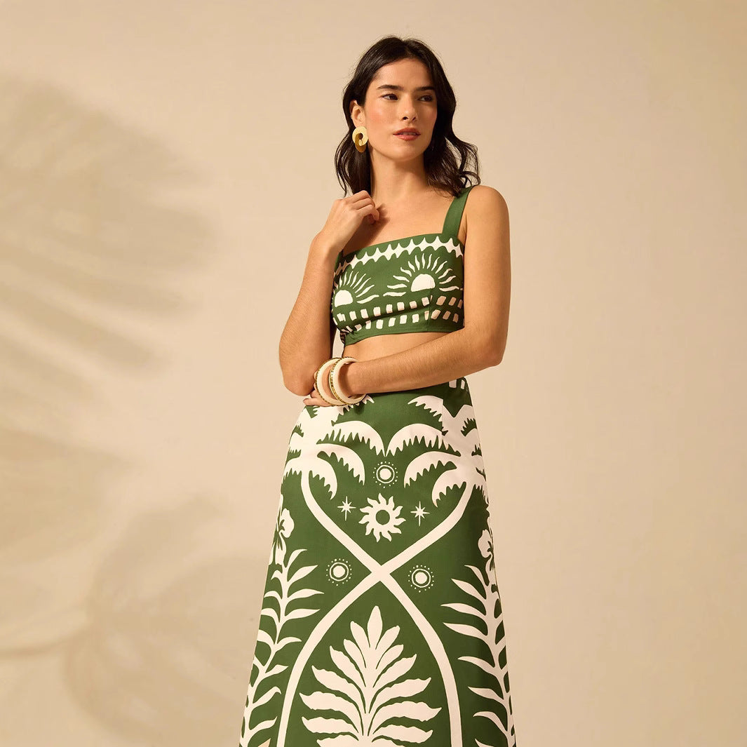 Womens Printed Camisole And High-waisted Straight Midi Skirt 