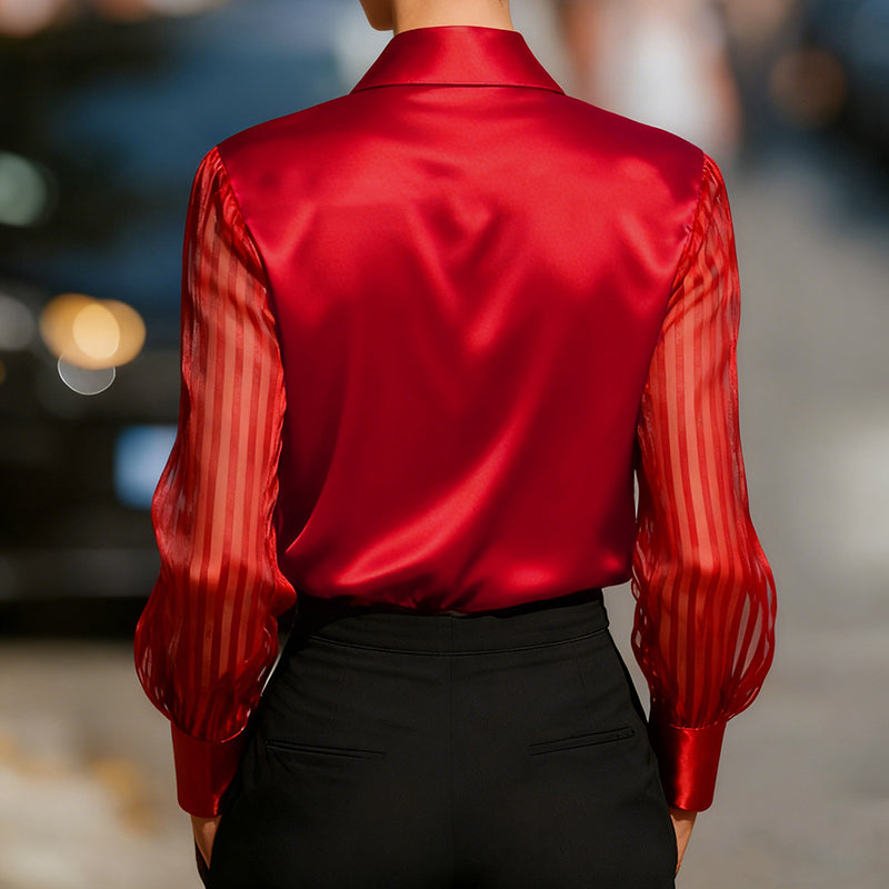 Elegant Women's Satin Blouse - Classic Lapel Collar, Sheer Long Sleeve, Button-Down Shirt With Smooth Flowy Design For Spring & Autumn Office Wear 