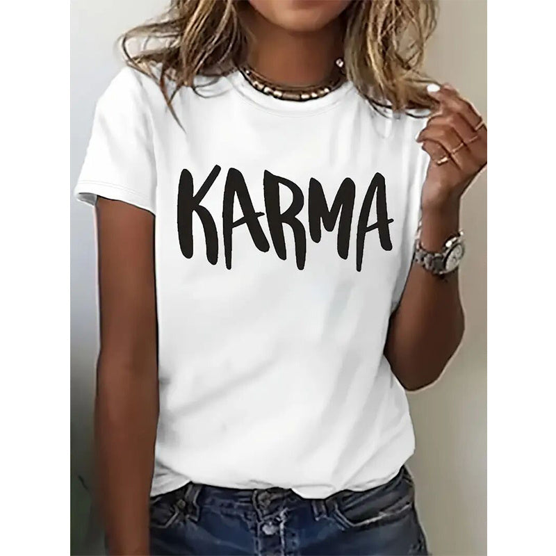 Women's Short Sleeve Round Neck T-Shirt Summer Casual Top With 'KARMA' Print CJ US
