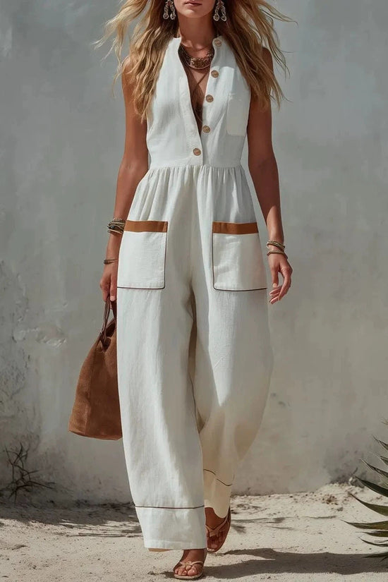 Womens Sleeveless Casual Loose Cotton-Linen Wide-Leg Jumpsuit 