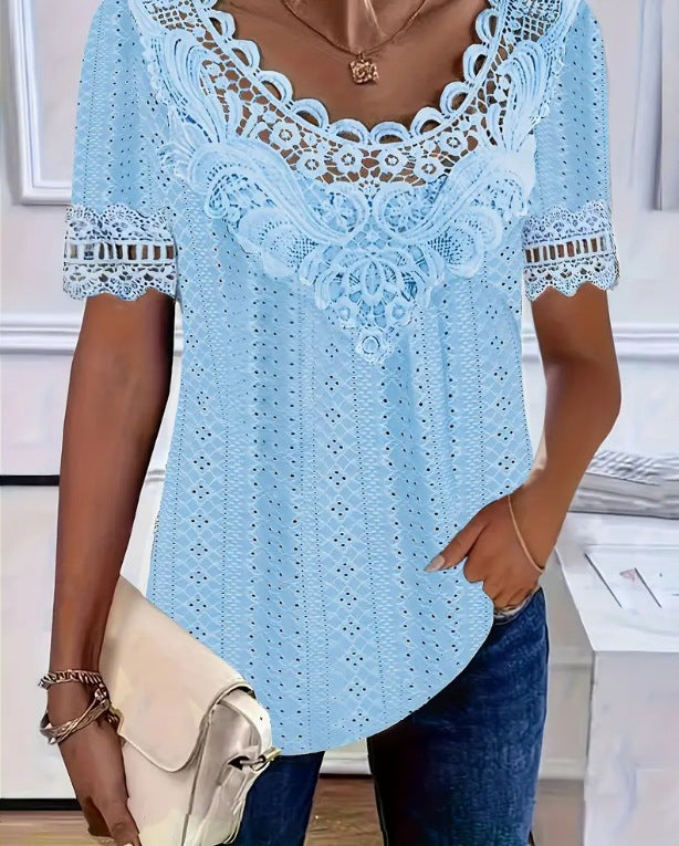 Women's Lace-Patchwork Crew-Neck Short-Sleeve T-Shirt 