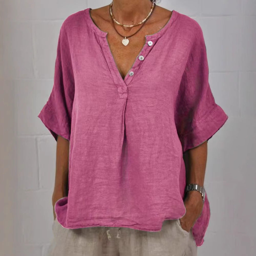 Cotton-linen Solid-color Door-cuff V-neck Button-up Shirt 