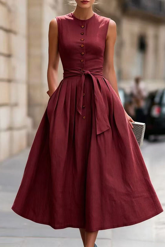 Fitted-waist, Sleeveless Cotton-linen Solid-color Maxi Dress 
