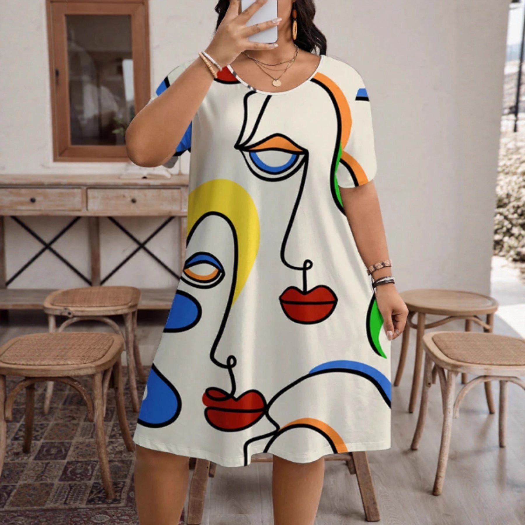 Women's Casual Printed Round Neck Short Sleeve Dress 
