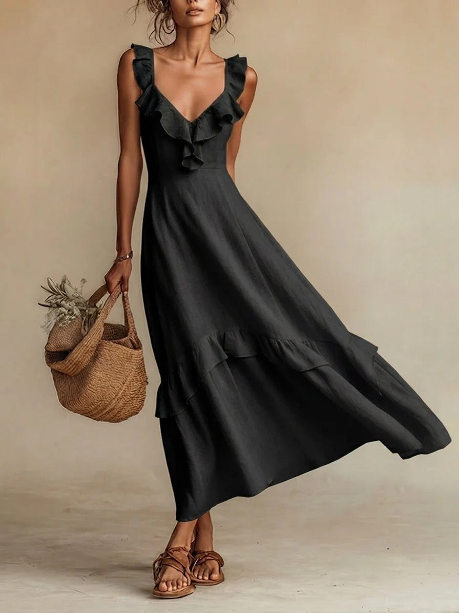 Elegant And Chic Cotton-Linen Dress With Ruffled Flutter Sleeves And A Flowing Hem 