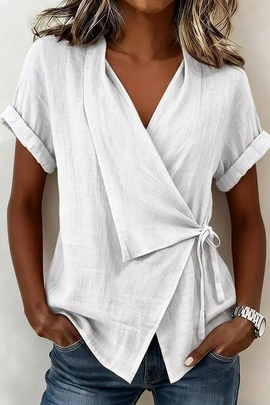 Women's Casual Lapel Collar Lace-Up Short-Sleeve Top 