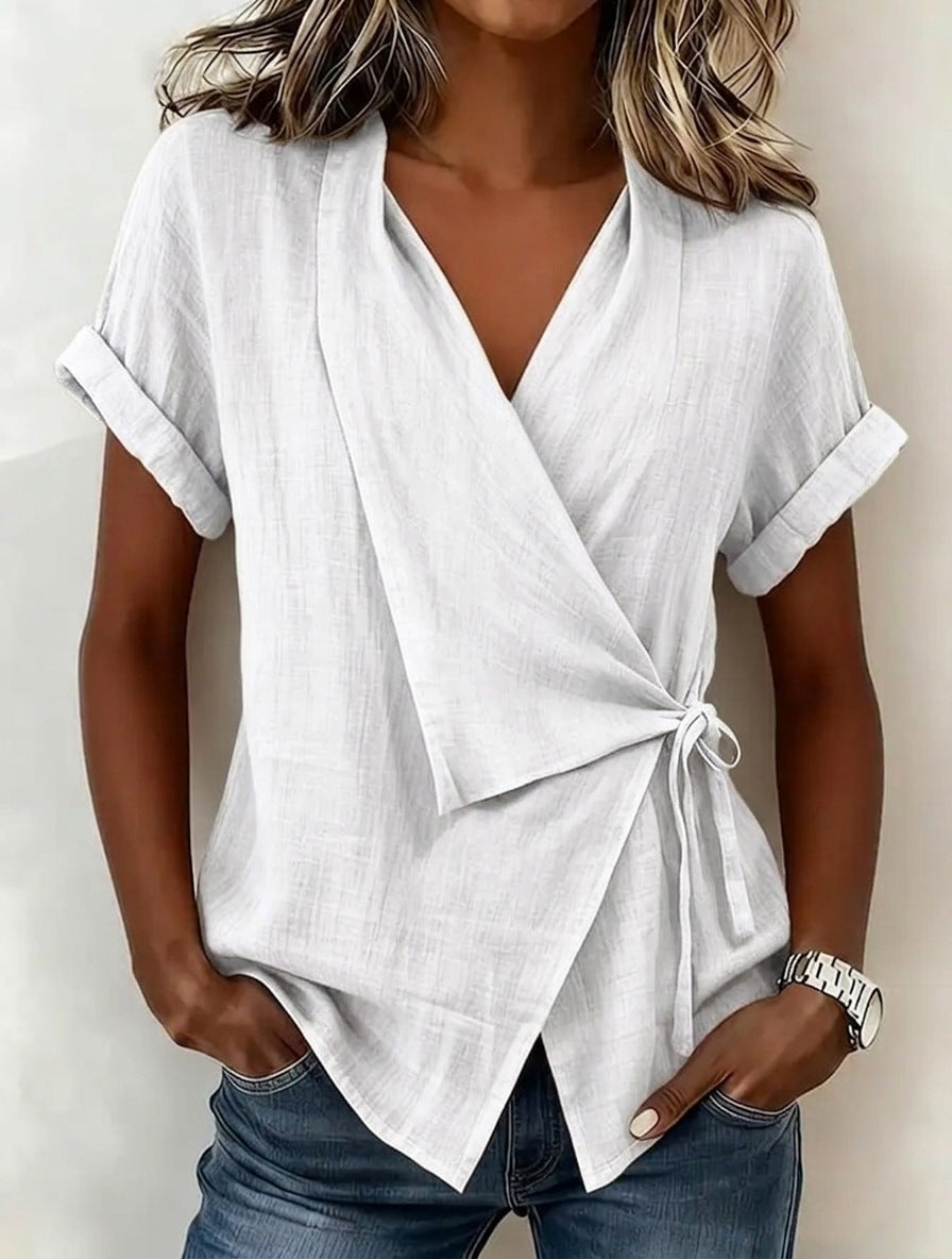 Women's Casual Lapel Collar Lace-Up Short-Sleeve Top 