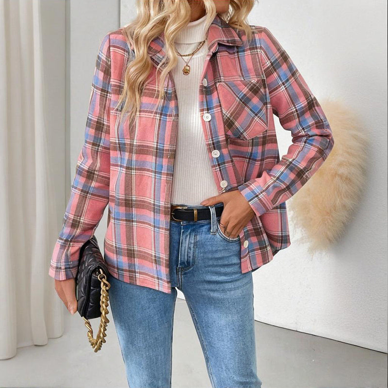 Women's Checkered Fleece Lined Shacket, Plaid Button Down Shirt Jacket With Chest Pockets, Fall Winter Outerwear Coat 
