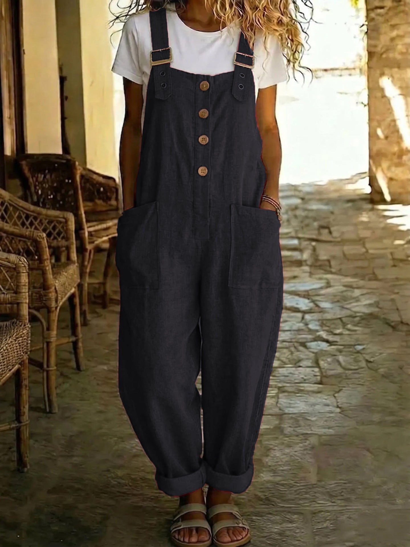 Solid-color Vintage Straight-leg Overalls For Women 