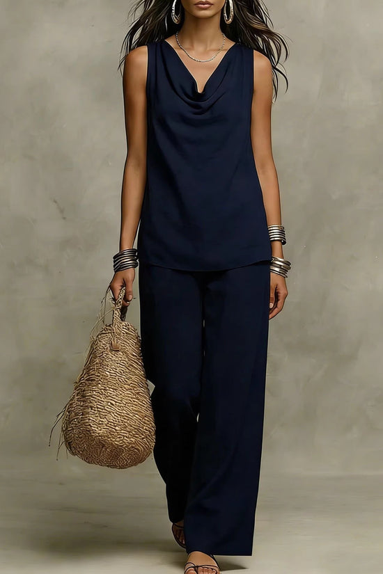 Womens Slash-Neck Sleeveless Tank Top And Casual Pants Set 
