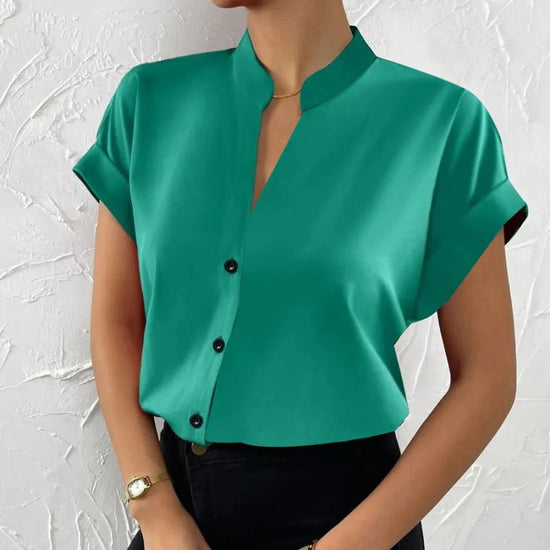 🧡 Summer Women's Satin V-Neck Short Sleeve Shirt – Elegant Casual Wear FitiqueFit