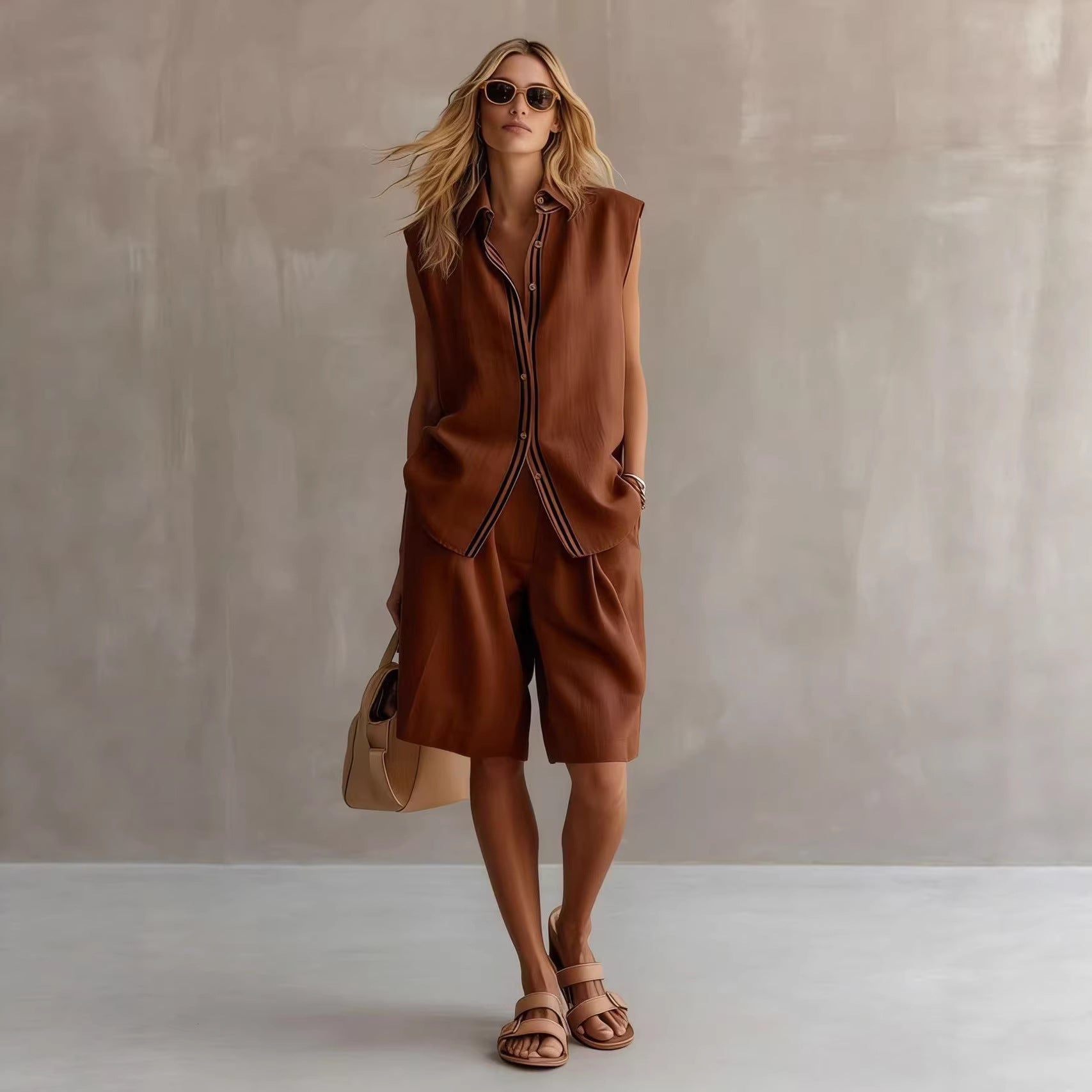 Single-breasted Sleeveless Linen Shirt And Shorts Set 