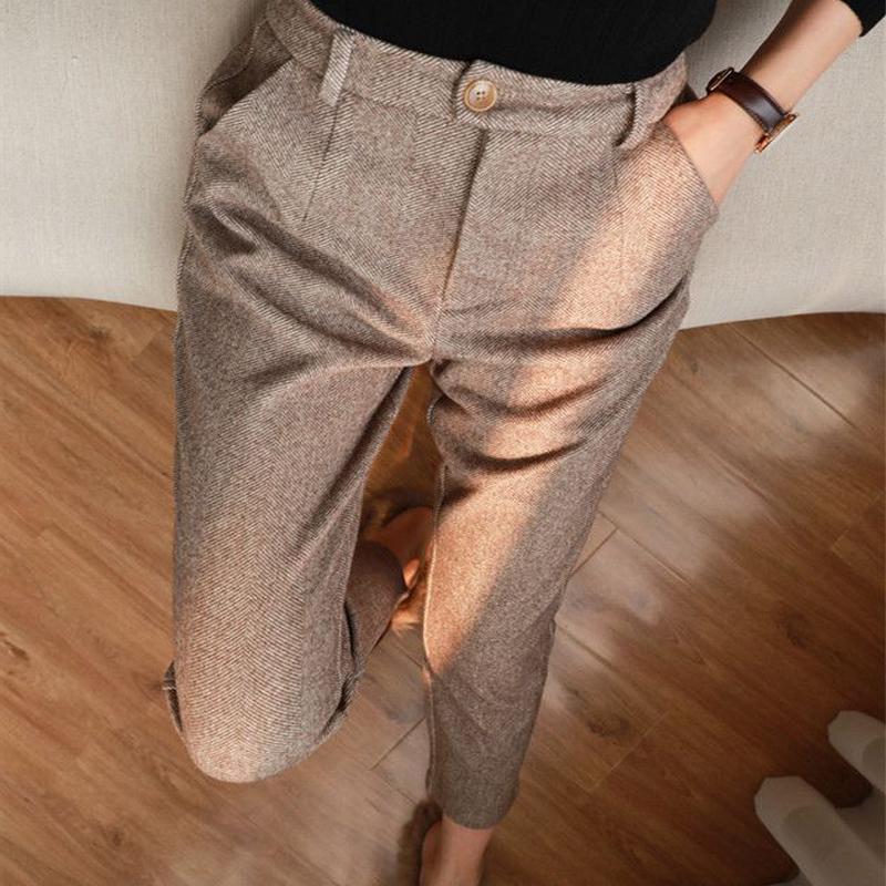 Women's Solid Color Wool-Like Tapered Trousers, Classic Ankle-Length Pants For Office And Formal Wear 
