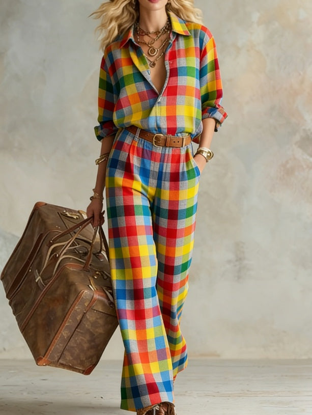 Vertical Striped Collared Loose Long-sleeved Shirt And Wide-leg Pants Suit 