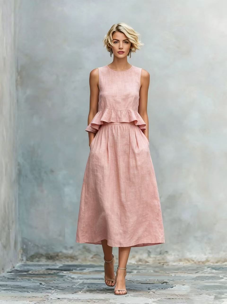 Sleeveless Crew-Neck High-Waisted Ruffle-Trim Resort-Style Dress 