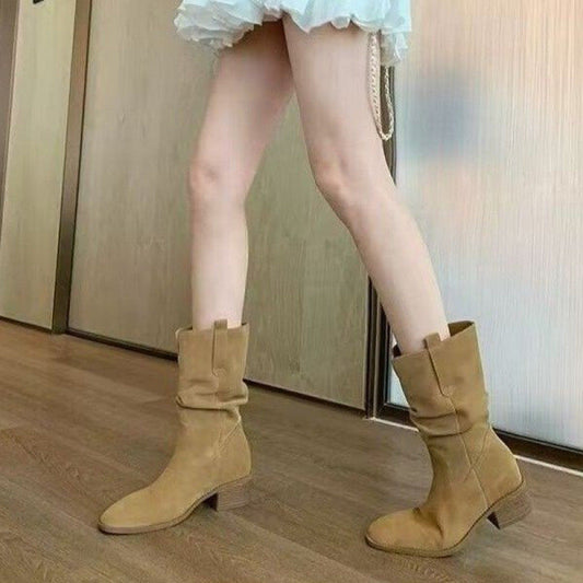 Autumn Western Pleated Short Single Women's Pile Style Boots Diversi Fashion™