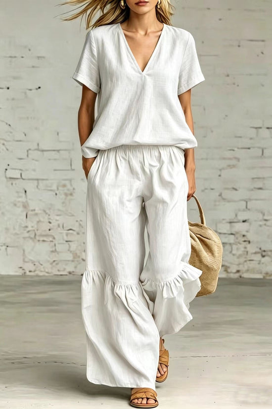 Womens Casual Solid Color V-Neck Loose Short-Sleeve Pants Set 