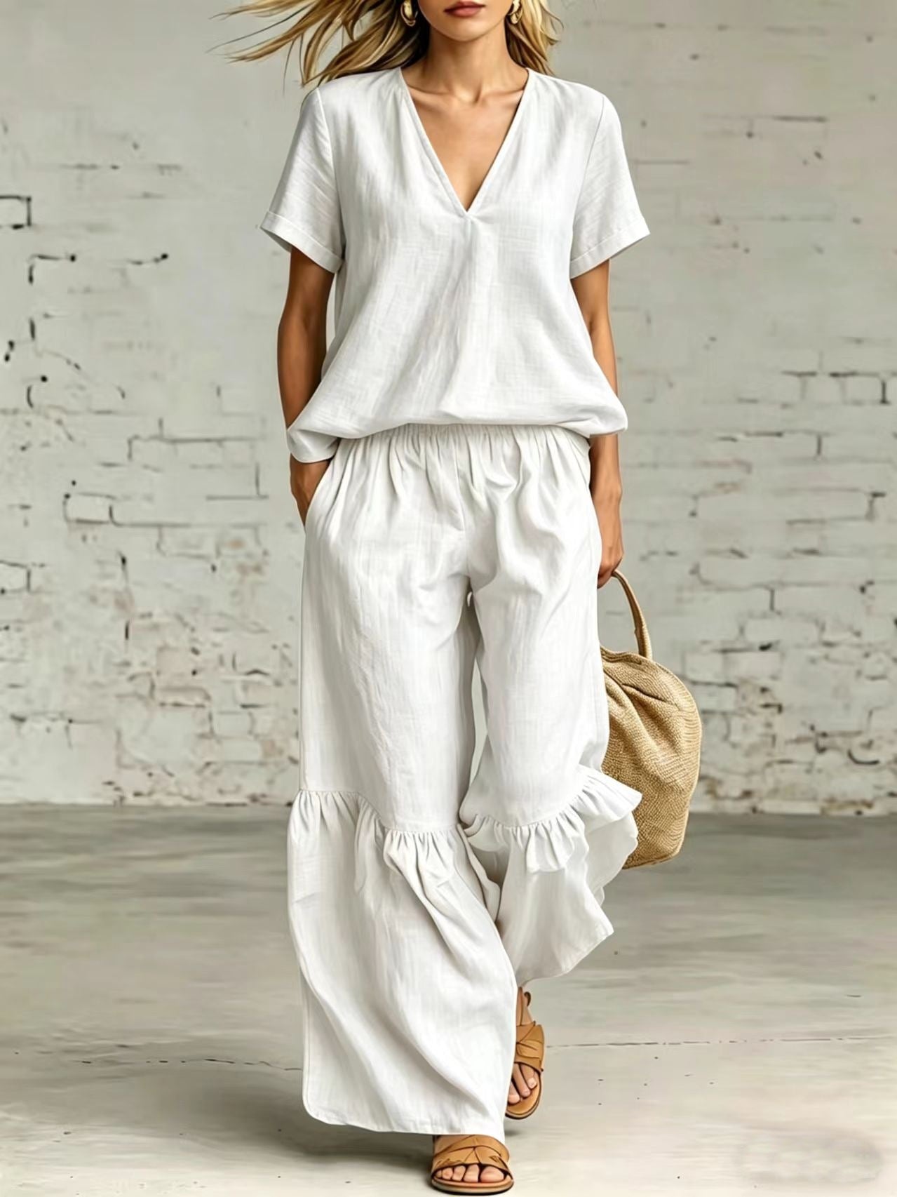 Womens Casual Solid Color V-Neck Loose Short-Sleeve Pants Set 