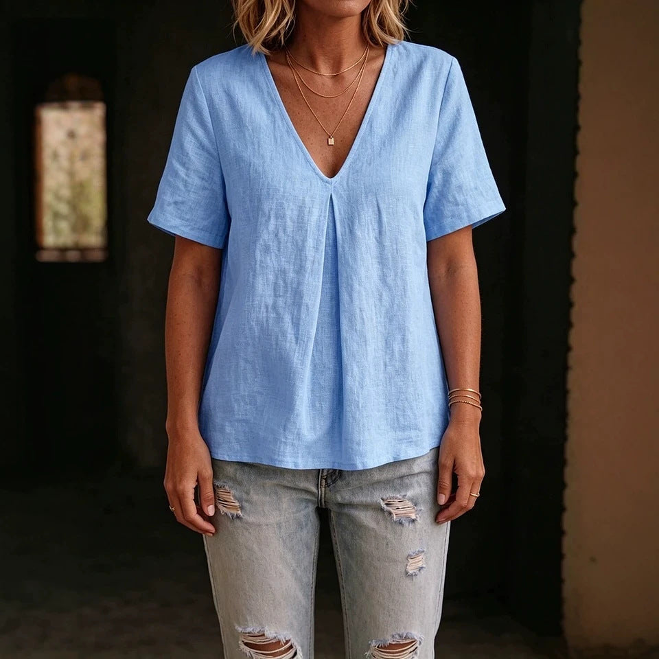 Women's Solid-Color Pleated Cotton-Linen Short-Sleeve Shirt T-Shirt 