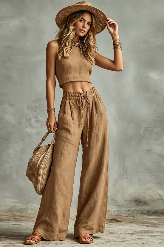 Vest Drawstring High-Waist Wide-Leg Pants Two-Piece Set 