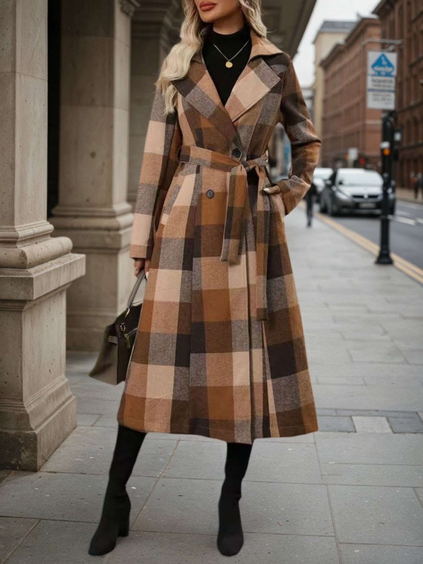 Women’s Lapel Woolen Double-Breasted Coat – Lace-Up Long Windbreaker - FitiqueFit