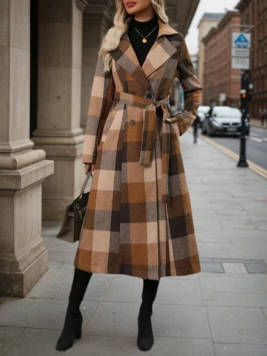 Women’s Lapel Woolen Double-Breasted Coat – Lace-Up Long Windbreaker - FitiqueFit