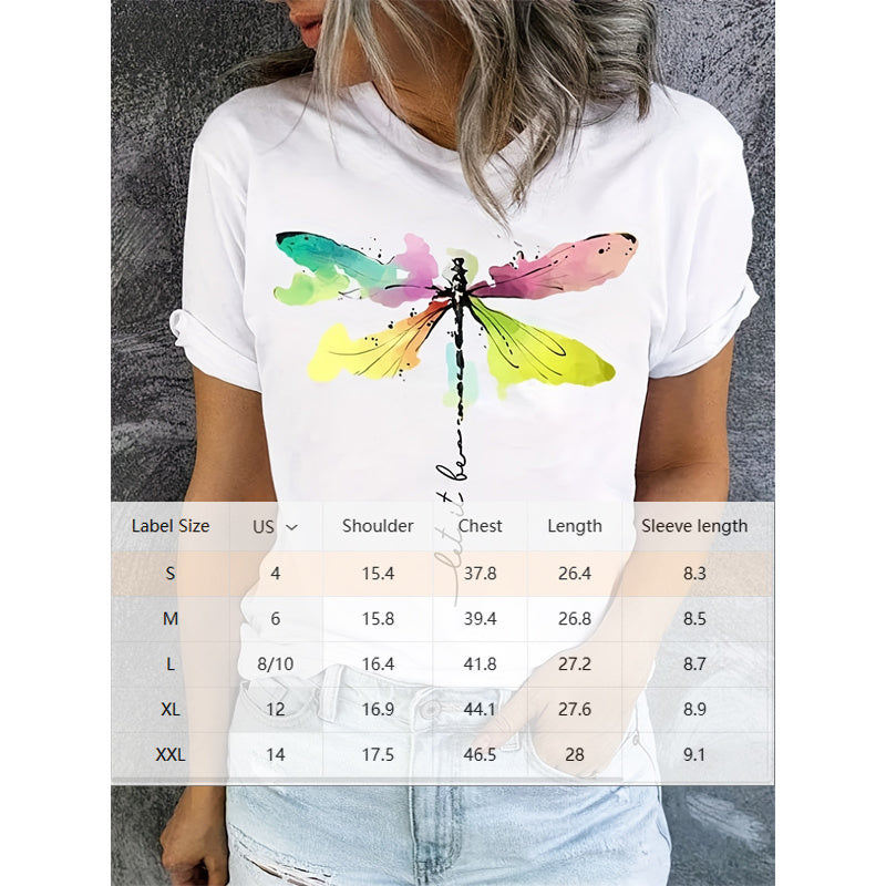 Women's Summer Short Sleeve T-Shirt Colorful Dragonfly Pattern Casual Round Neck Tee CJ