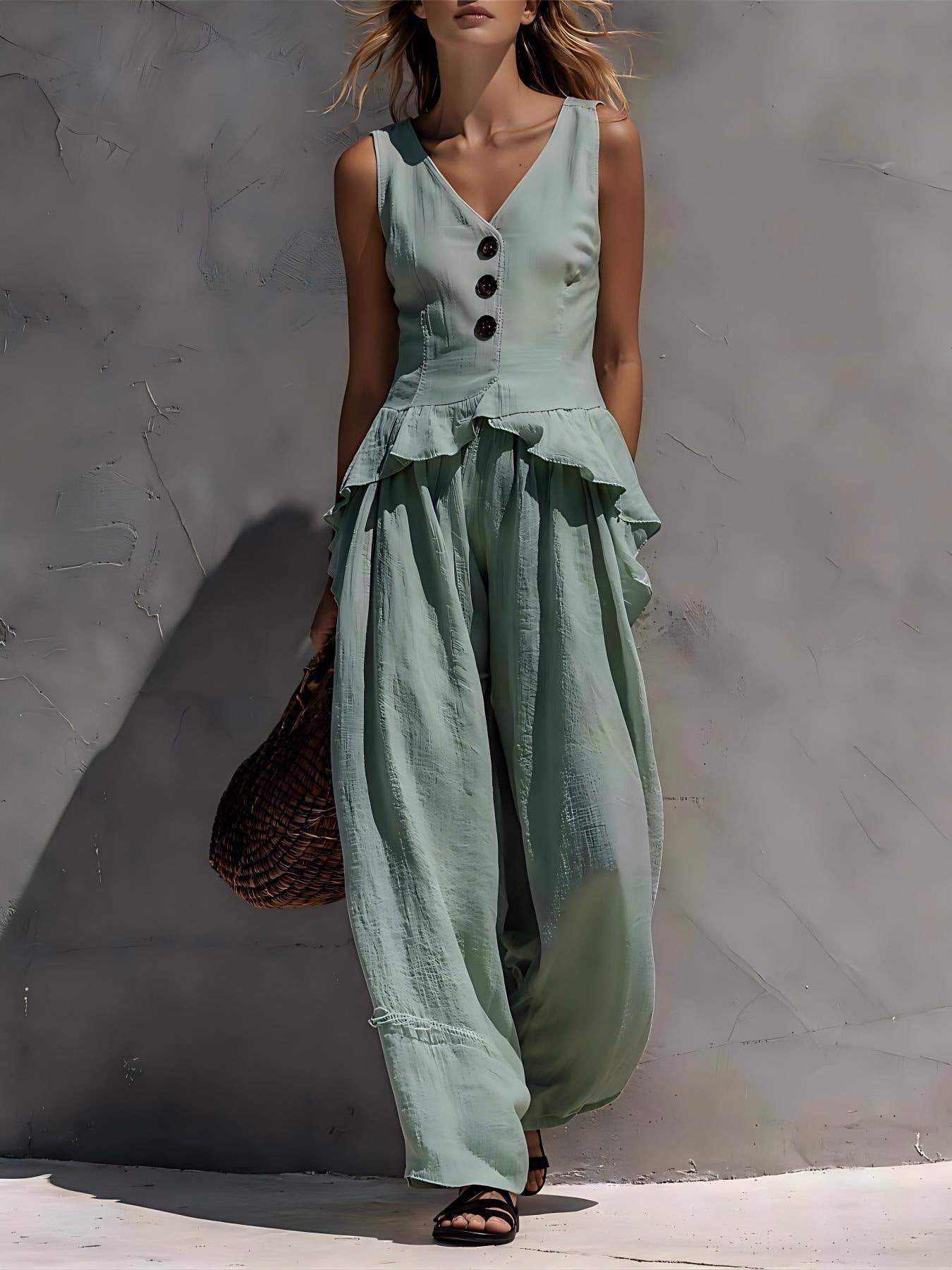 Sleeveless V-neck Ruffled Tank Top Draping Wide-leg Pants Two-piece Set 
