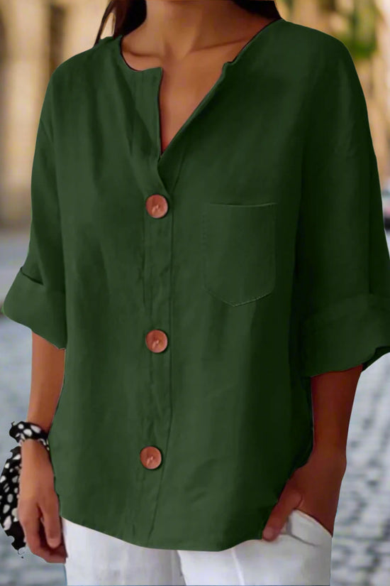 New Style Loose T-shirt For Women With V-neck, Made Of Cotton And Linen, Buttoned Top. CJ US