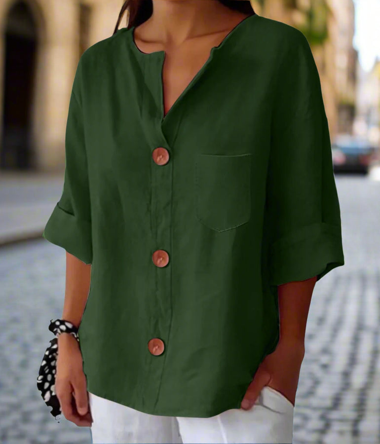 New Style Loose T-shirt For Women With V-neck, Made Of Cotton And Linen, Buttoned Top. CJ US