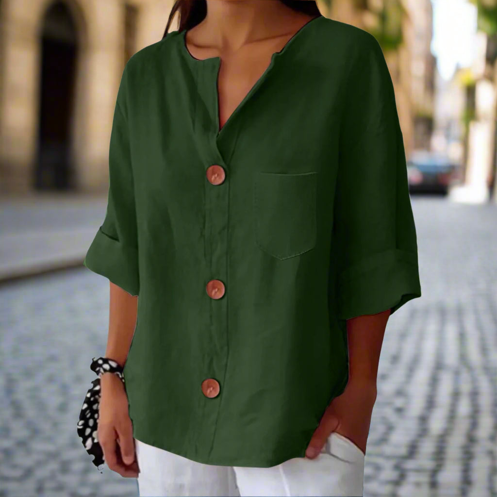 New Style Loose T-shirt For Women With V-neck, Made Of Cotton And Linen, Buttoned Top. CJ US