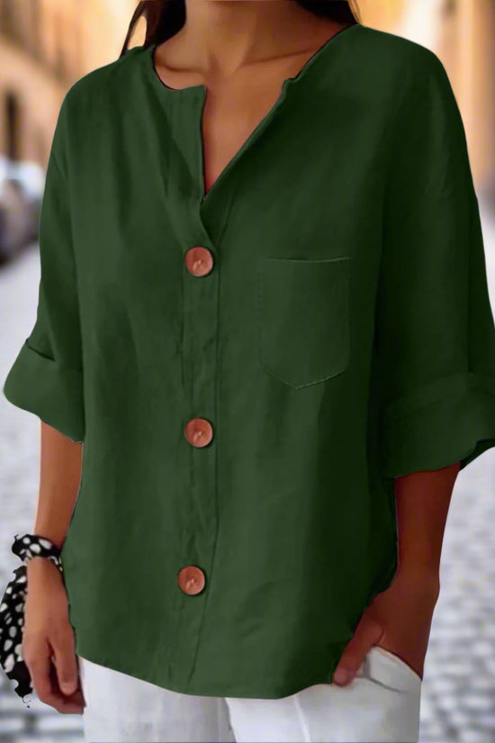 New Style Loose T-shirt For Women With V-neck, Made Of Cotton And Linen, Buttoned Top. CJ US