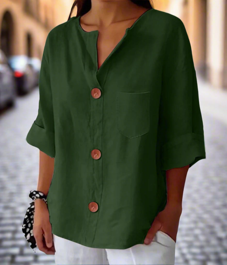 New Style Loose T-shirt For Women With V-neck, Made Of Cotton And Linen, Buttoned Top. CJ US