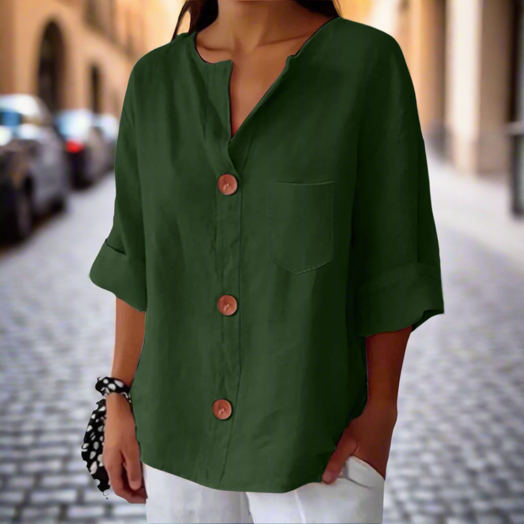 New Style Loose T-shirt For Women With V-neck, Made Of Cotton And Linen, Buttoned Top. CJ US
