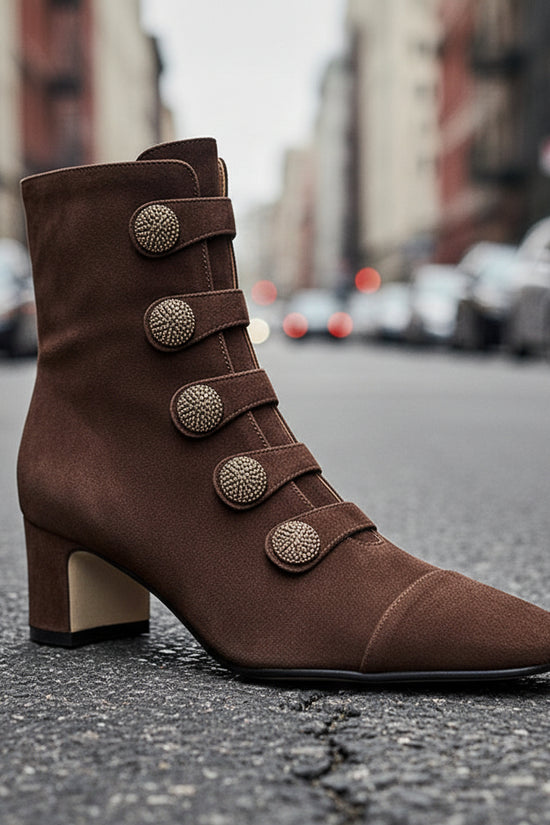 Retro High-heeled Ankle Boots For Women New Autumn Style Suede Round Toe Side Zipper Chunky Heel 