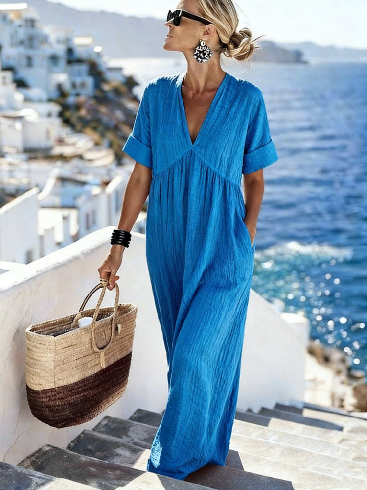 Womens Casual Resort-Style V-Neck Short-Sleeve Solid Color Long Dress 