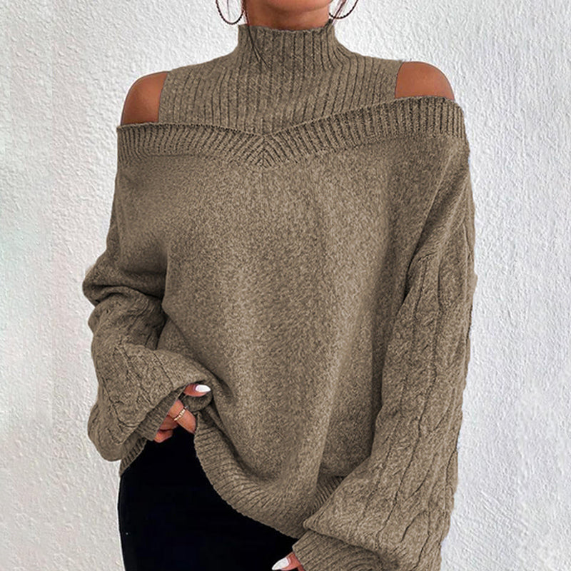 Women's Cold Shoulder Sweater - Sexy High Neck Cut Out Pullover Long Sleeve Top 