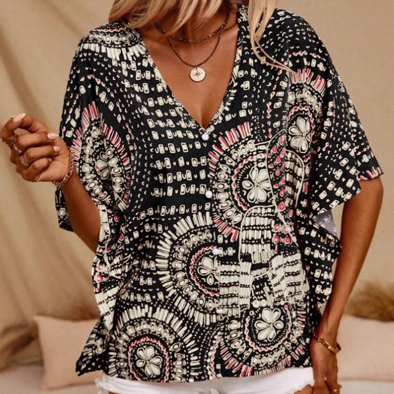 Mandala Print V-Neck Blouse – Casual Vacation Top CJ US