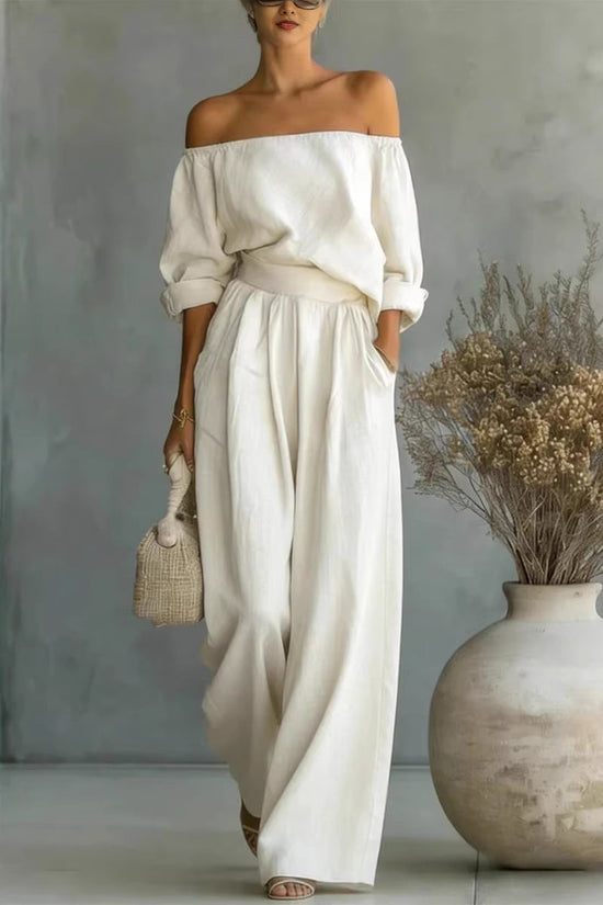 Casual Two-Piece Womens Outfit Off-Shoulder Top And Wide-Leg Pants Set 