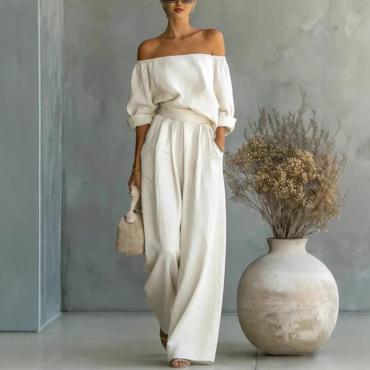 Casual Two-Piece Womens Outfit Off-Shoulder Top And Wide-Leg Pants Set 