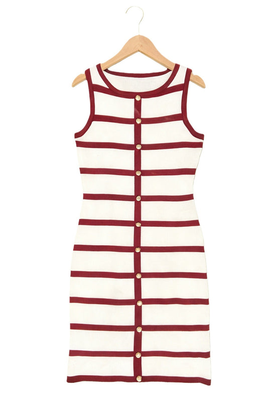 Contrast-color Striped Sleeveless Crew-neck Single-breasted Dress 
