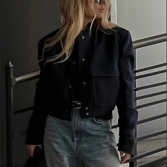 Women's Solid Color Long Sleeve Baseball Jacket With Button Front & Pockets - Casual Short Jacket For Spring&Fall Diversi Fashion™