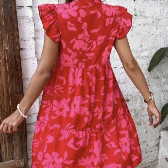 Ladies' Elegant Large Hem A-line Floral Print Small Fly Sleeves Pleated Vacation Style Dress CJ