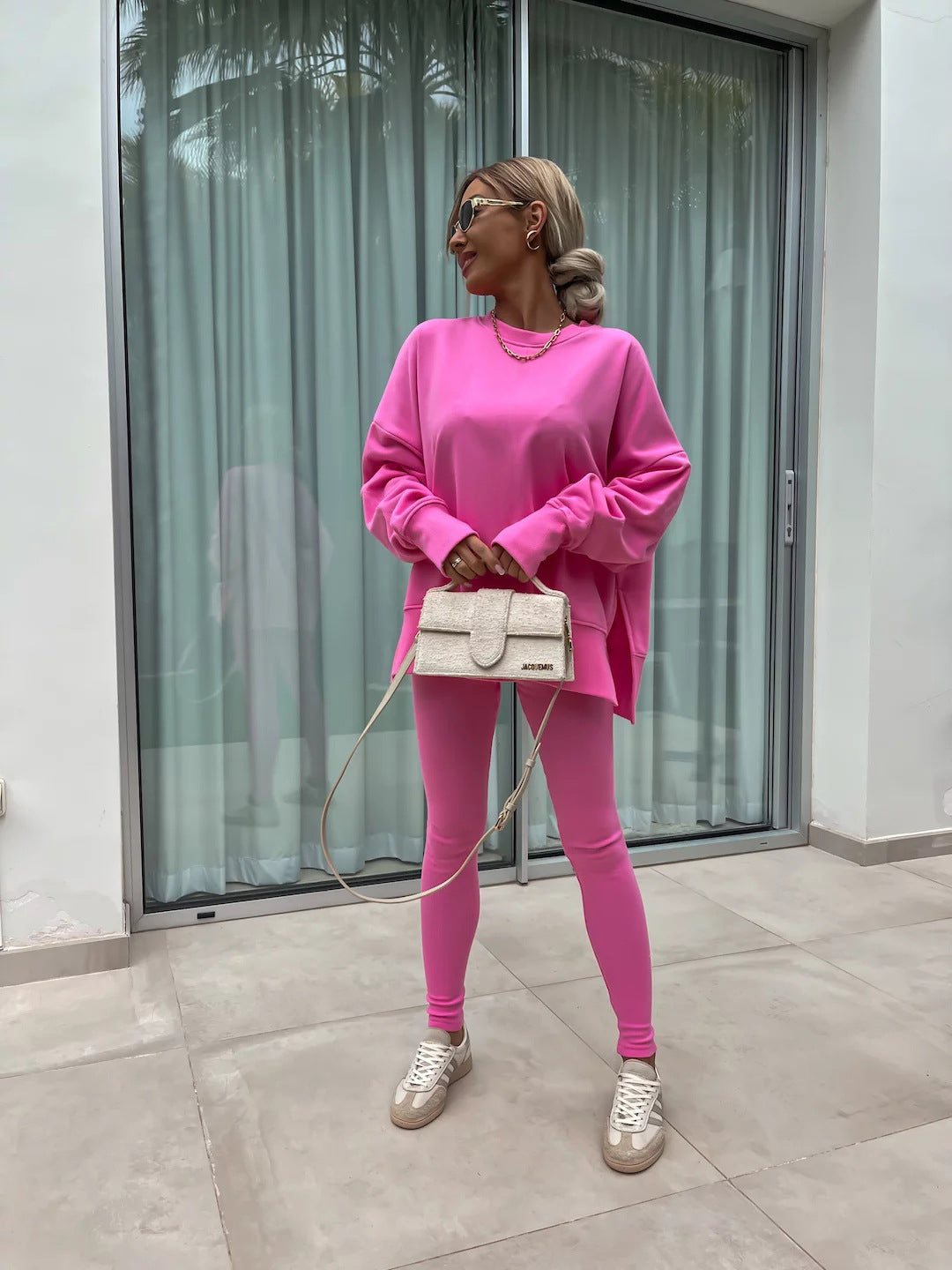 Sweater Suit Women's Casual Loose Long Sleeve Crew Neck Split Top Tight Trousers 