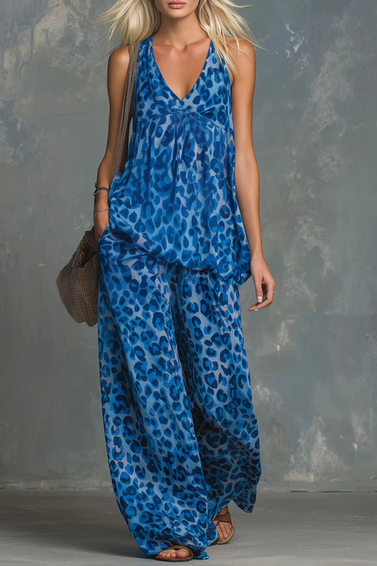 Womens Loose-Fitting Leopard-Print Sleeveless Top And Chiffon Pants Set 