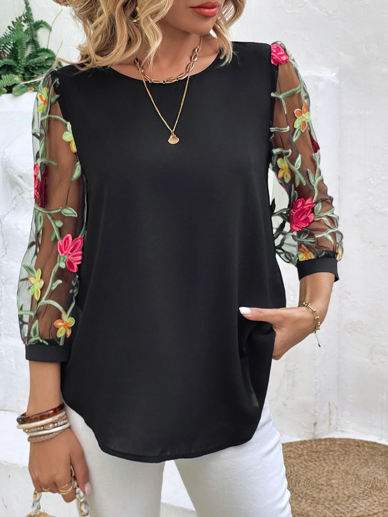 Women's Casual Mesh Black Patchwork Top 