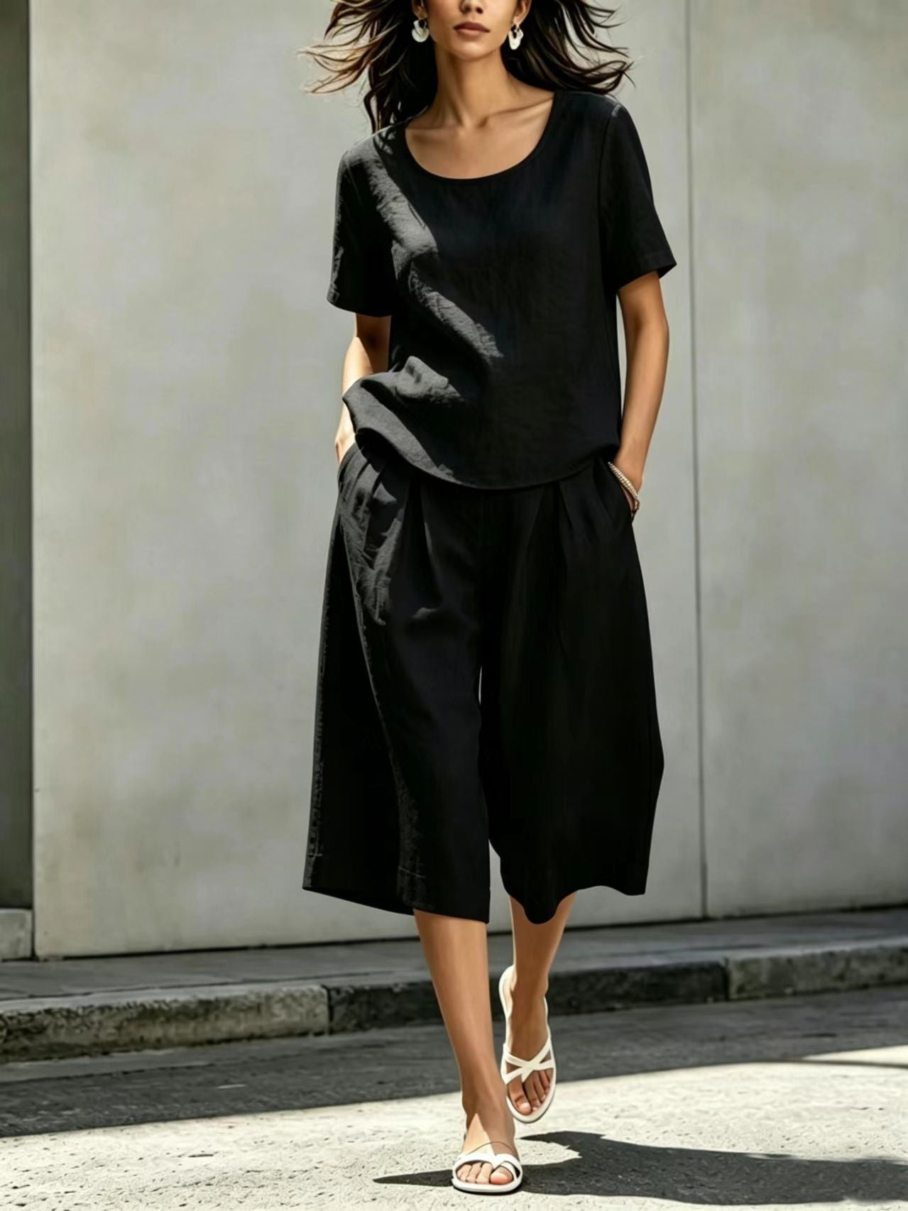 Cotton-linen Casual Loose-fitting Short-sleeve Top And Shorts Set 