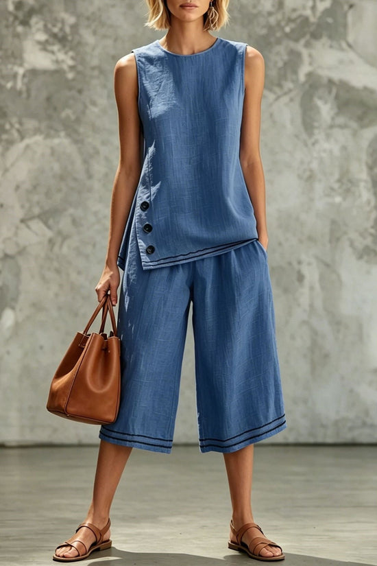 Sleeveless Side-split Tank Top Paired With Wide-leg Cropped Pants Womens Two-piece Set 